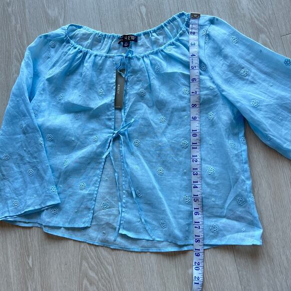 J Crew Tie Front Eyelet Top In Ramie XS Sheer Blue Preppy Flaws - Picture 7 of 15